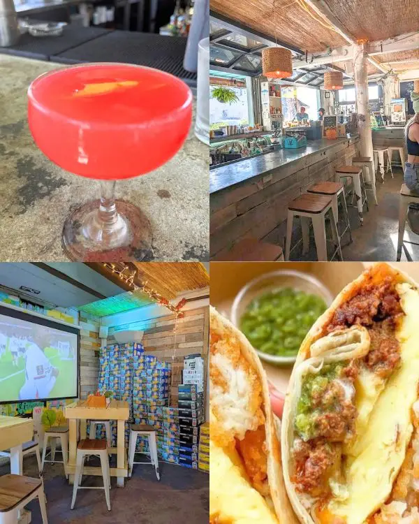 A hot pink cocktail, covered boho bar area, large projector screen showing sports and a gooey burrito from Lowlife Bar, to display that it's without a doubt one of the best bars In Folly Beach SC