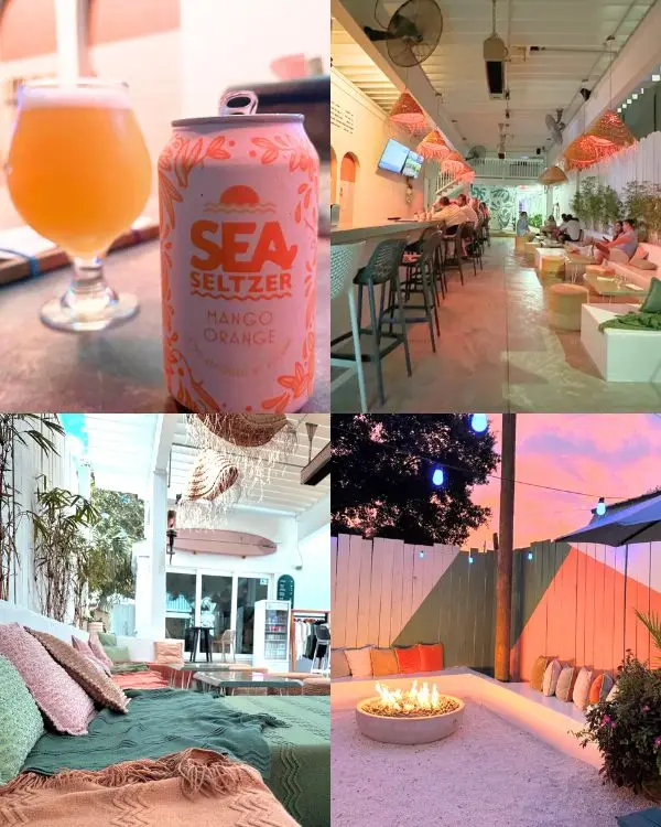 Beer, indoor-outdoor hangout area, cozy furnishings and fire pit at Revelry Brewing in Folly Beach