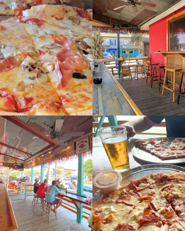Images of Woodys outdoor terrace and yummy pizza