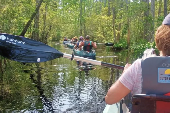 A group kayaking down the Alligator River, one of the best things to do in Outer Banks NC for adventure seekers