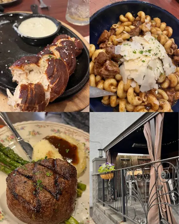 The twisted pretzel, stroganoff and a tender steak at 1794 The Whiskey Rebellion, to display that it’s one of the best restaurants in Carlisle PA for delicious food in a historic location