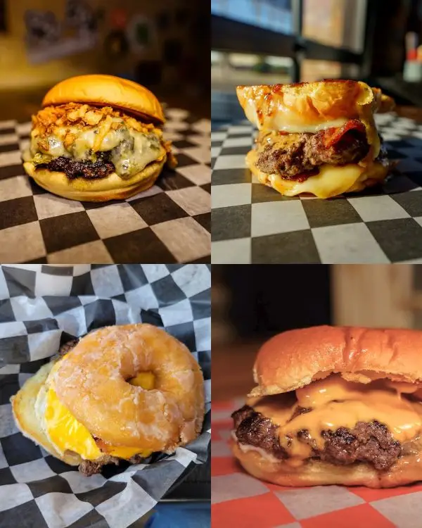 Four sandwiches you can get including burgers and breakfast sandwiches at Jack Browns, one of the best places for lunch In Harrisonburg VA