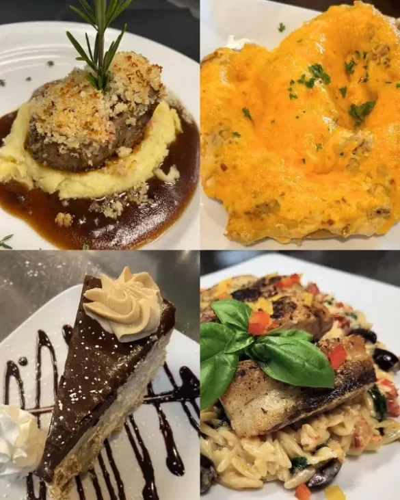 A variety of entrees at Momma Spriggs including salmon, steak, a crab covered pretzal and a cake dessert, to show that its one of the best restaurants In Carlisle PA for great food