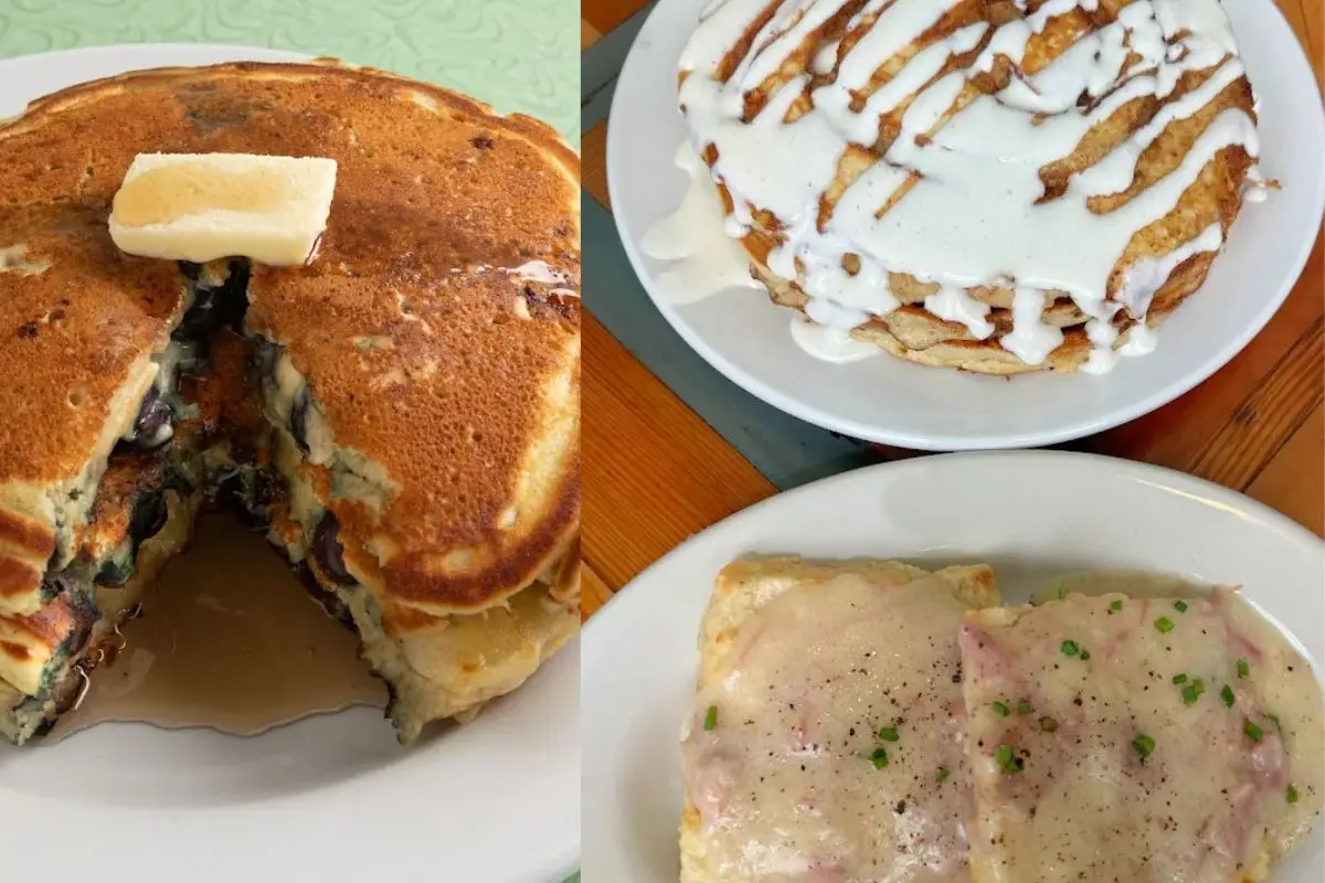 Fluffy pancakes with blueberries inside, cinnamon roll stack and homemade breakfast tart, showing that The Little Grill is a great place for brunch or lunch in Harrisonburg VA