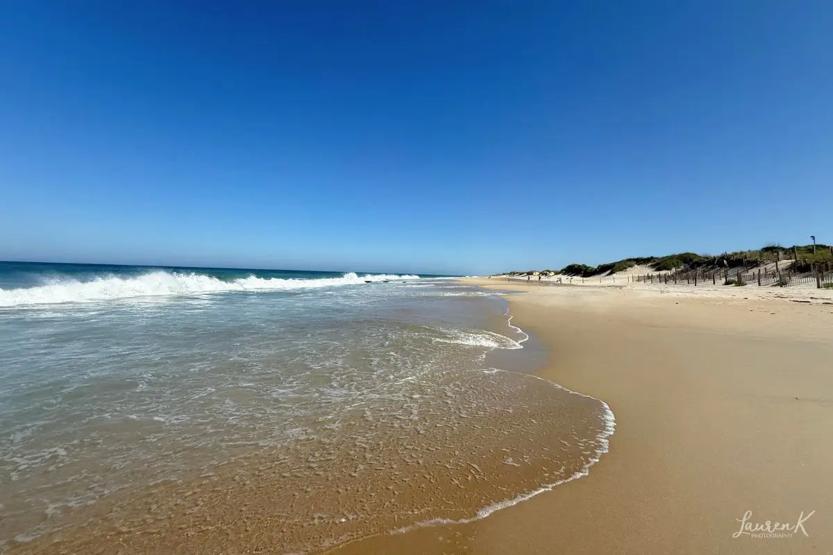 A serene, empty beach with the waves crashing and dunes off to the side
