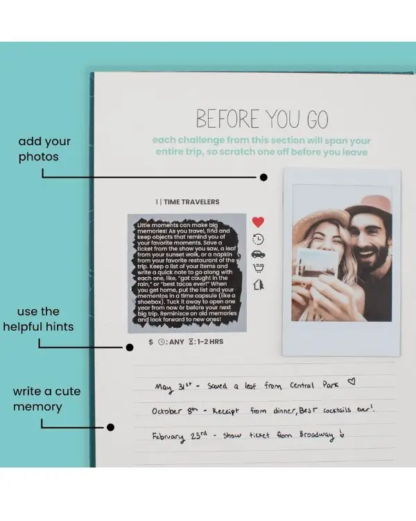 An example of one of the scratch-off examples in the Adventure Challenge book, which shows that the challenge is to collect little mementos throughout your trip and then save them in a time capsule. There's also a section to write notes from your experience and a slot for a photo