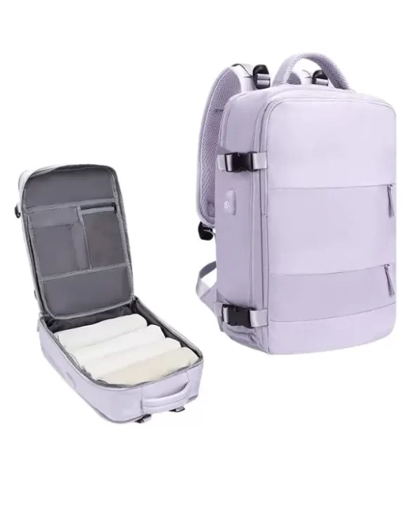 Purple travel backpacker opened and closed, with lots of space for your laptop, shoes and all your things, making it one of the best gifts for travel lovers