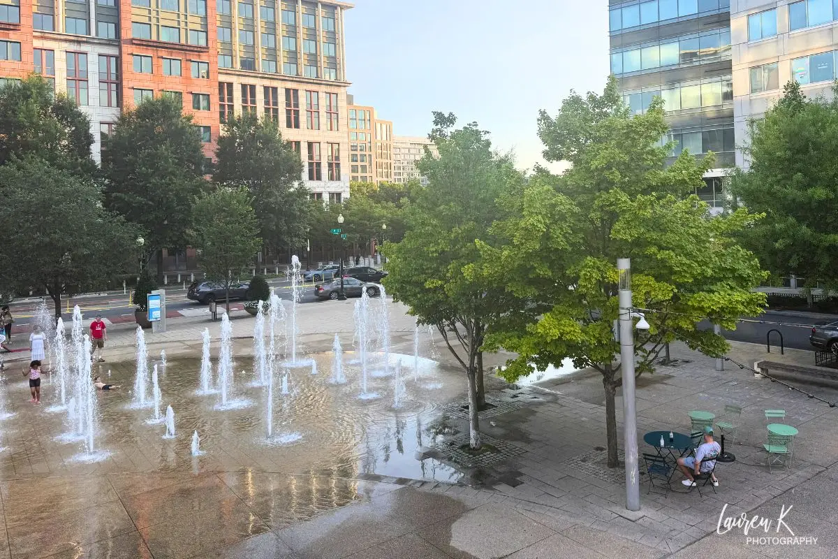 An aerial view of the fountains in the summer time at Washington DC Canal Park