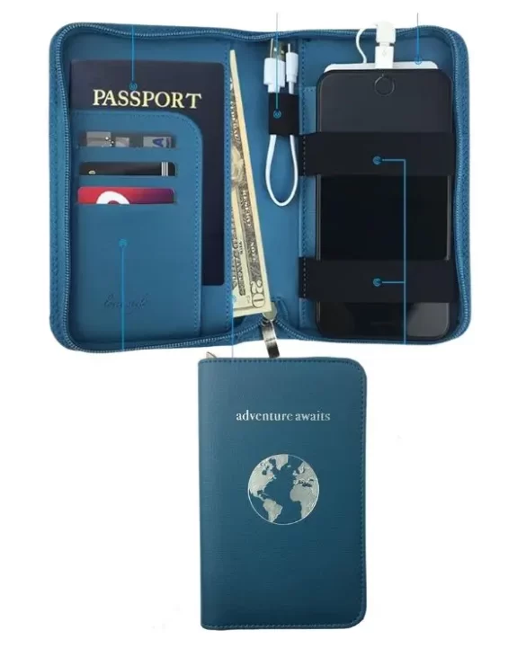 An open passport holder and phone charger showing passport, cash and credit cards, which zips shut
