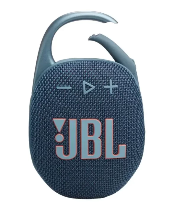 Blue JBL mini speaker with a built-in clip on top which is unclipped to show it works