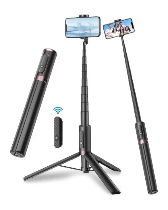 A combined cell phone tripod and selfie stick with remote, which has a cell phone on top to show you how it is used