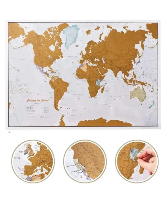 A travel scratch off map with a few of the countries scratched off and a person using a coin to scratch one off to show how to use it, as a travel map is one of the best gifts for travel lovers