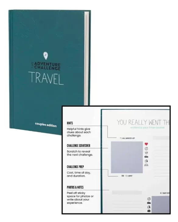 The Adventure Challenge travel book, open to one of the scratch off adventures, showing that it's one of the most unique gifts for travel lovers