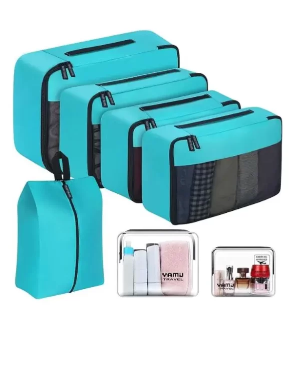Blue packing cubes set, complete with a shoe holder and two waterproof pouches