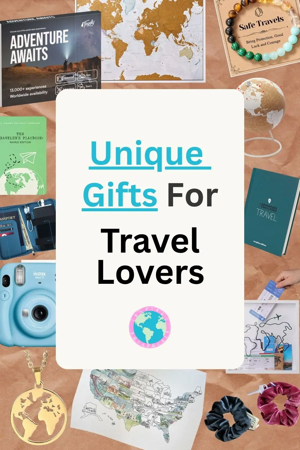 Pinterest pin advertising the Unique Gifts for Travel Lovers blog by Inspired Backpacker, with photos of the items 