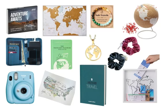 Cover image for the unique gifts for travel lovers, showing 10 of the items on the list for travelers