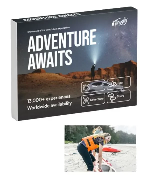 The Adventure Awaits gift box by Tinggly, which is a gift card style gift and one of the most unique gifts for travel lovers on the market today. There's also an image of a girl going kayaking below the box, to show one of the experiences that can be chosen