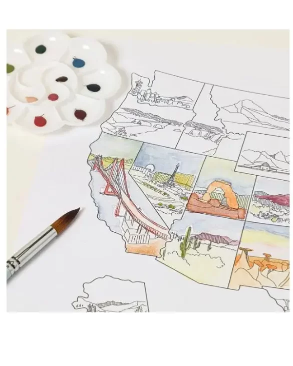 A watercolor travel map of the United States with a few states filled in
