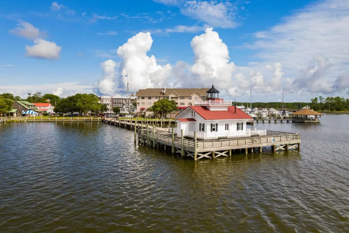 Downtown Manteo from the water on a sunny day