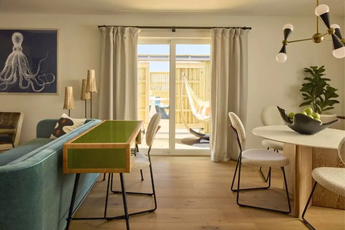 A guest room in one of the most hip places for where to stay in Outer Banks NC, the beautifully decorated Pamlico Station Edgecamp