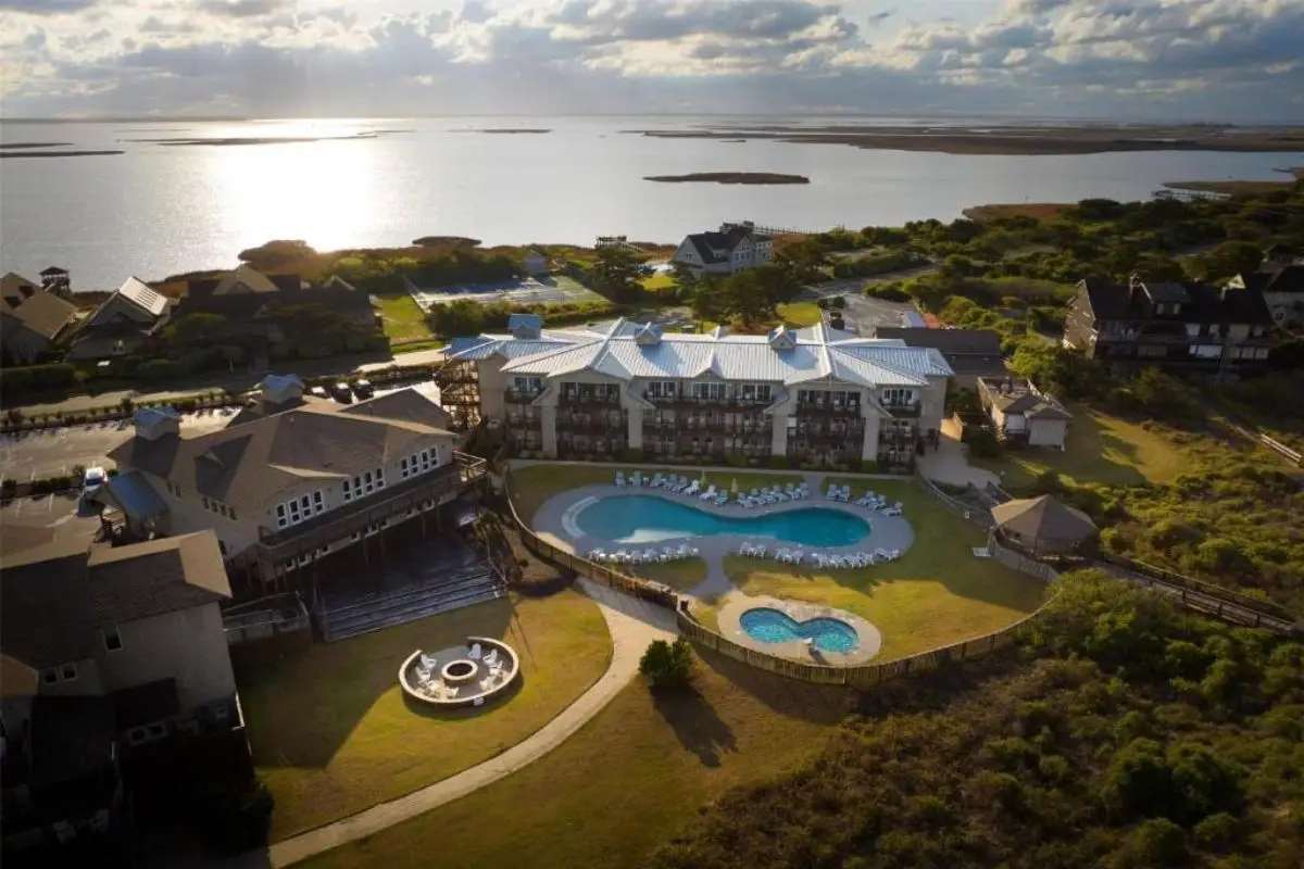 An aerial view of the gorgeous and large Sanderling resort, to show it's the best choice for where to stay in Outer Banks NC for those looking for luxury 