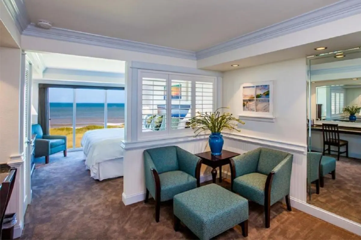 A suite-style room with the ocean shown through floor to ceiling windows at one of the best picks for where to stay in Outer Banks NC, Shutters on the Banks