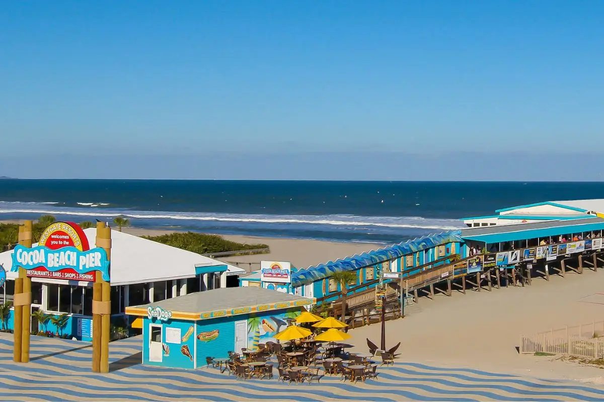 The Cocoa Beach pier on a sunny day over the ocean
