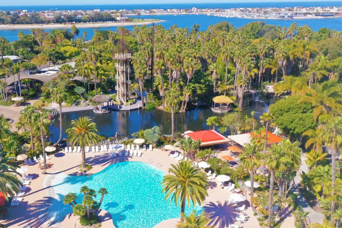 An aerial shot of one of the pools and lagoon landscape and tower at the Paradise Point resort on Mission Bay