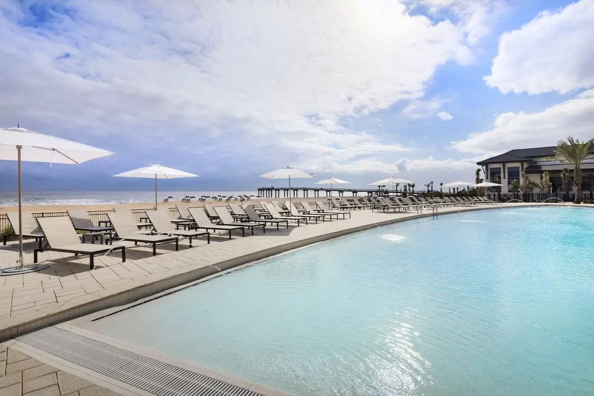 A wide open zero entry pool right on the oceanfront at the Embassy Suites in St. Augustine Beach
