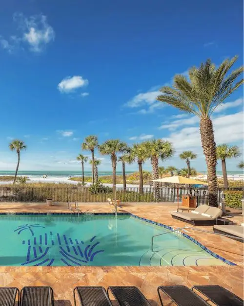 Palm trees over an oceanfront pool