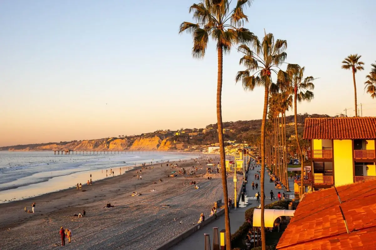 La Jolla Shores at sunset with plenty of people, the surf and palm trees