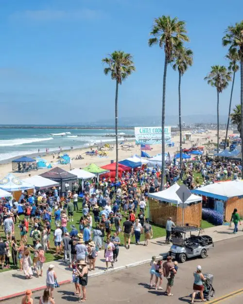 Lots of people at a street fair at Ocean Beach with the beach, palm trees and city behind, to show that it’s one of the best beaches in San Diego for culture and community