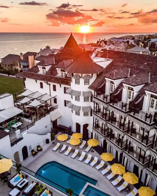 The castle-like, European exterior of the Pearl Hotel in Rosemary Beach, which is one of the most beautiful beach towns in Florida