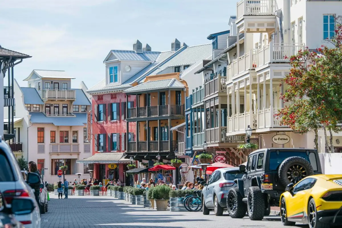 A European style row of buildings, looking almost like Montreal, which is the Main Street at Rosemary Beach