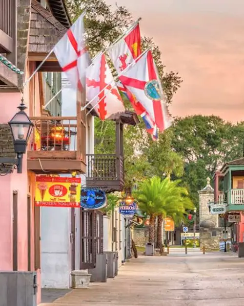 Multi-cultural flags coming from European style buildings on a street with palm trees at sunset