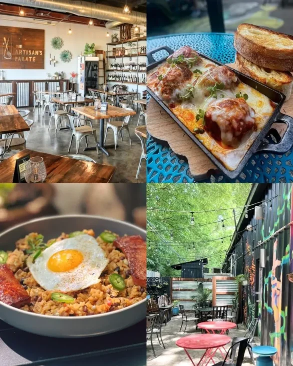 Images of Artisan's Palate, which is the best of the restaurants in NoDa Charlotte, including the rustic dining space, meatballs and fresh bread, a breakfast bowl and a wooded beer garden with a colorful mural