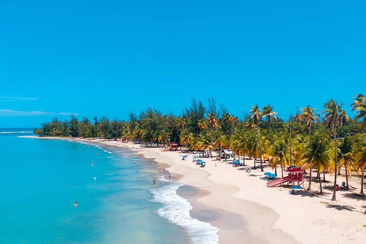 A beautiful white sand beach with palm trees, which shows why Puerto Rico is one of the best places to travel in December