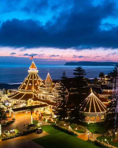 Christmas lights on the Hotel del Coronado just after sunset