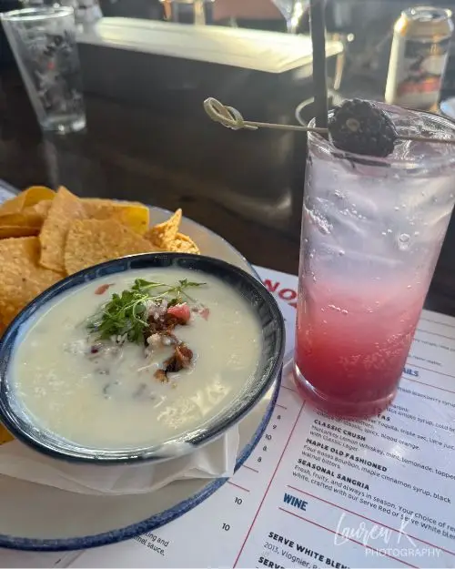 The brisket dip and chips plus a cocktail