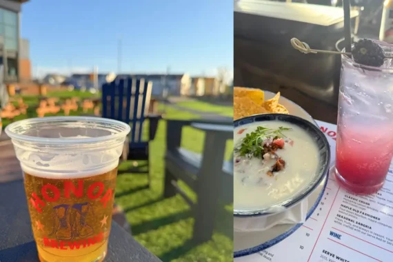 Honor Brewing Company Loudoun review cover image showing a beer on their outdoor patio and their delicious brisket dip