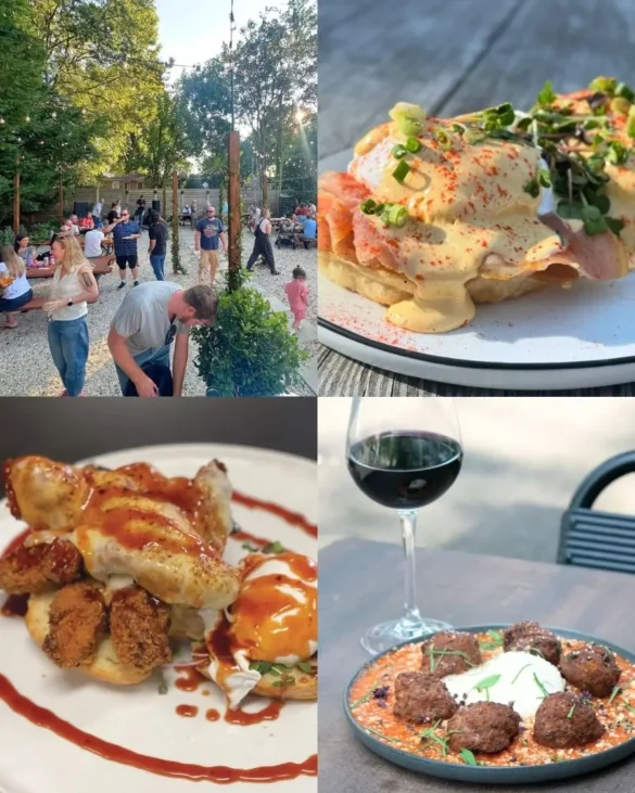 Collage showing offerings from Local Loaf including their chicken and the egg entree, a breakfast sandwich, a dinner entree with wine and a sunny patio amongst the trees with lots of families hanging around