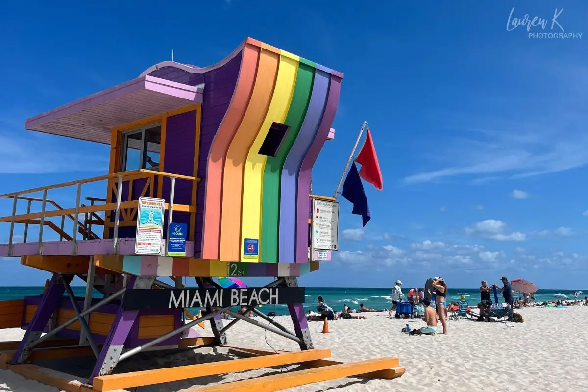 The rainbow lifeguard stand at the 12th Street beach entrance on Miami on a sunny day