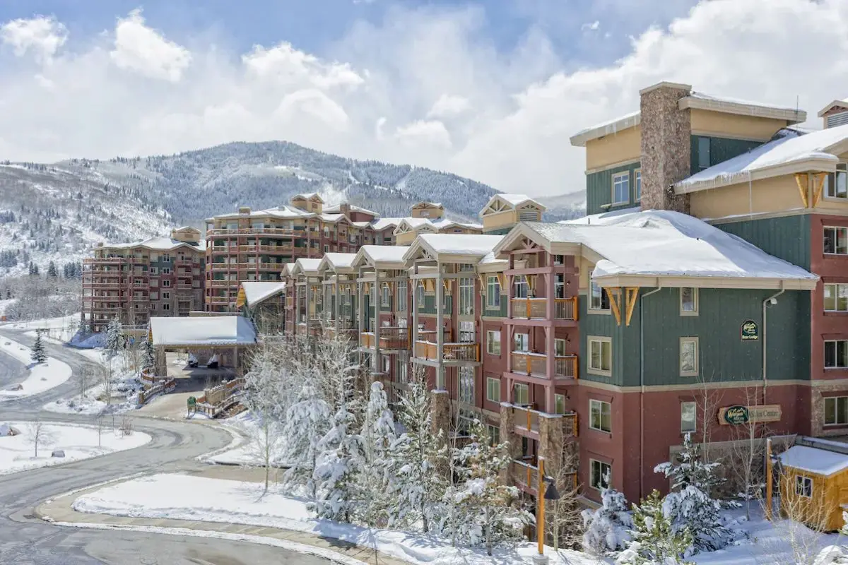 The colorful buildings at the Westgate Park City in the snow, one of the best hotels in the area