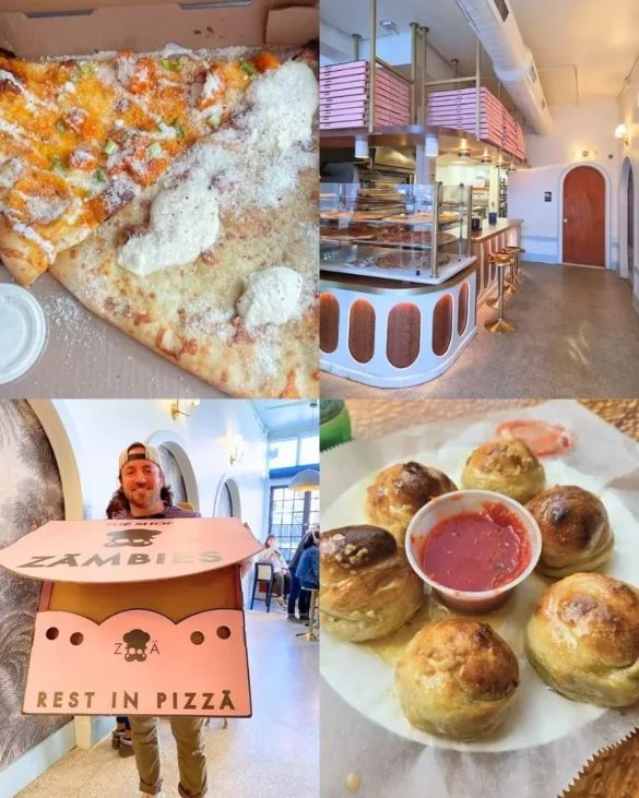 Pictures of Zambies, the best of the restaurants in NoDa Charlotte for pizza, including a picture of two slices of pizza with gooey cheese and yummy toppings, a massive pizza box and their famous garlic knots