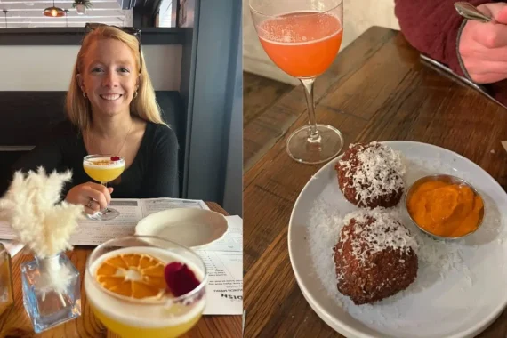 Cover image for the best restaurants in NoDa Charlotte blog, showing brunch cocktails at Haberdish and an appetizer at Goodyear House