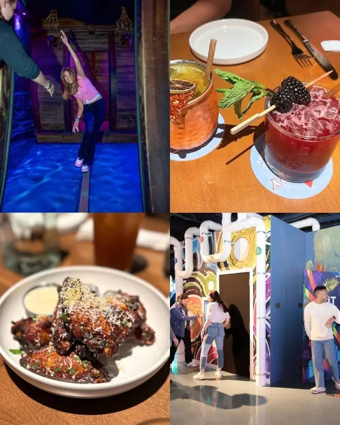 Level 99 photos including a girl trying to stand on a line over top a glowing floor laughing, craft cocktails, delicious wings and a group of teens walking out of a room, showing that it's one of the best bars in Tysons Corner VA for people who love games