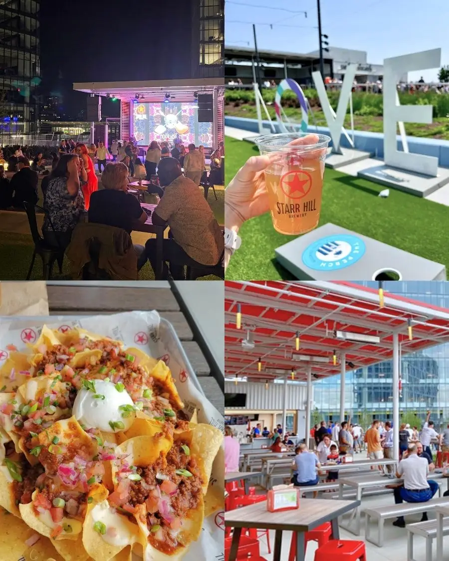 Starr Hill Biergarten including their outdoor stage, a person holding a beer in front of corn hole, delicious looking nachos and a shaded outdoor patio with people standing around