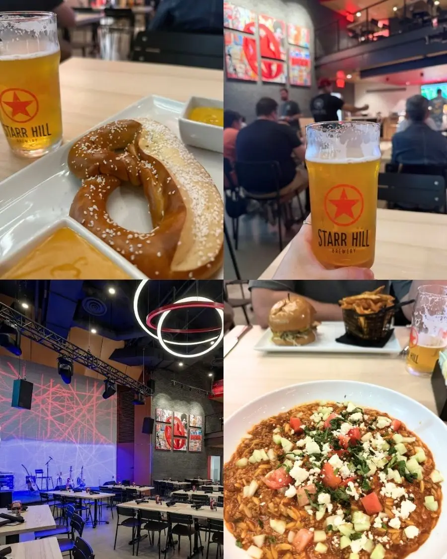 Starr Hill Brewpub including a soft pretzel, beer with the logo on it, the indoor stage and a dinner entree bowl