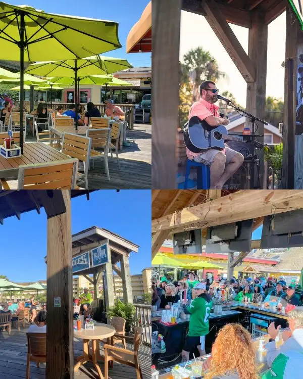 Images of Loggerheads live music, sunny deck and a delicious looking sandwich, at one of the best casual bars in Folly Beach SC for live music and a laid back atmosphere
