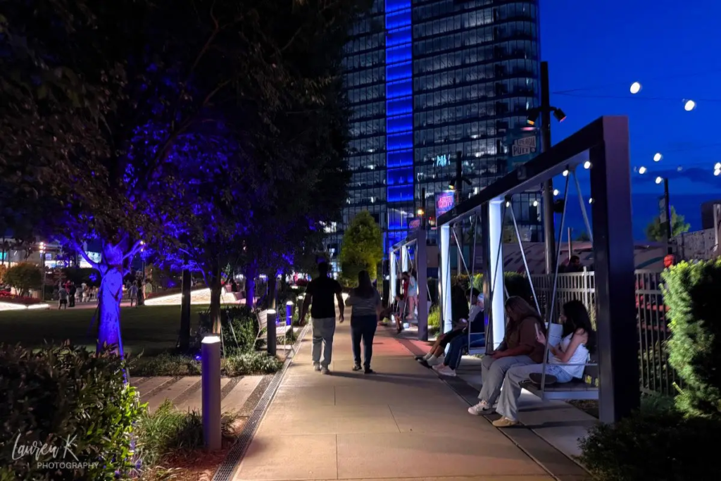 Cover image for the best bars in Tysons Corner VA blog which shows the rooftop near Starr Hill rooftop lit up at night with swings